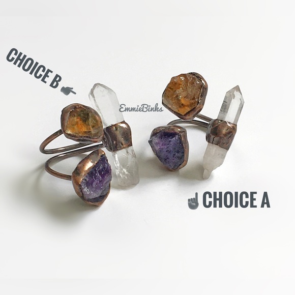 New Triple Crystal Gemstone Ring ~ Natural Amethyst Citrine Clear Quartz Copper - Picture 12 of 16